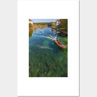 Boat on the Young River Rhine - Rheinau, Switzerland Posters and Art